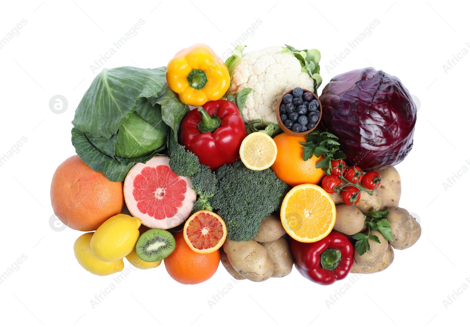 Photo of Fresh products rich in vitamin C on white background, top view