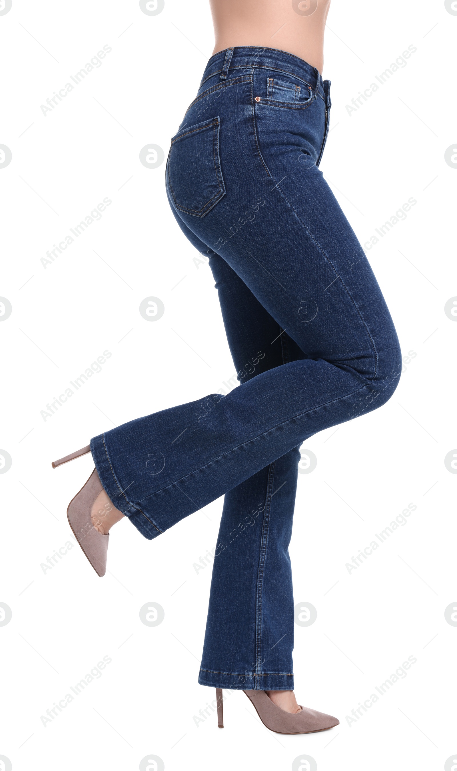 Photo of Woman in stylish jeans on white background, closeup