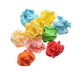 Photo of Crumpled sheets of color paper on white background, top view