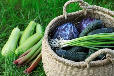 Tasty vegetables with wicker basket on green grass, closeup