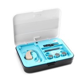 Photo of Case with hearing aid on white background