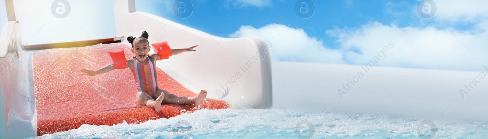 Image of Cute little girl on slide in water park. Banner design