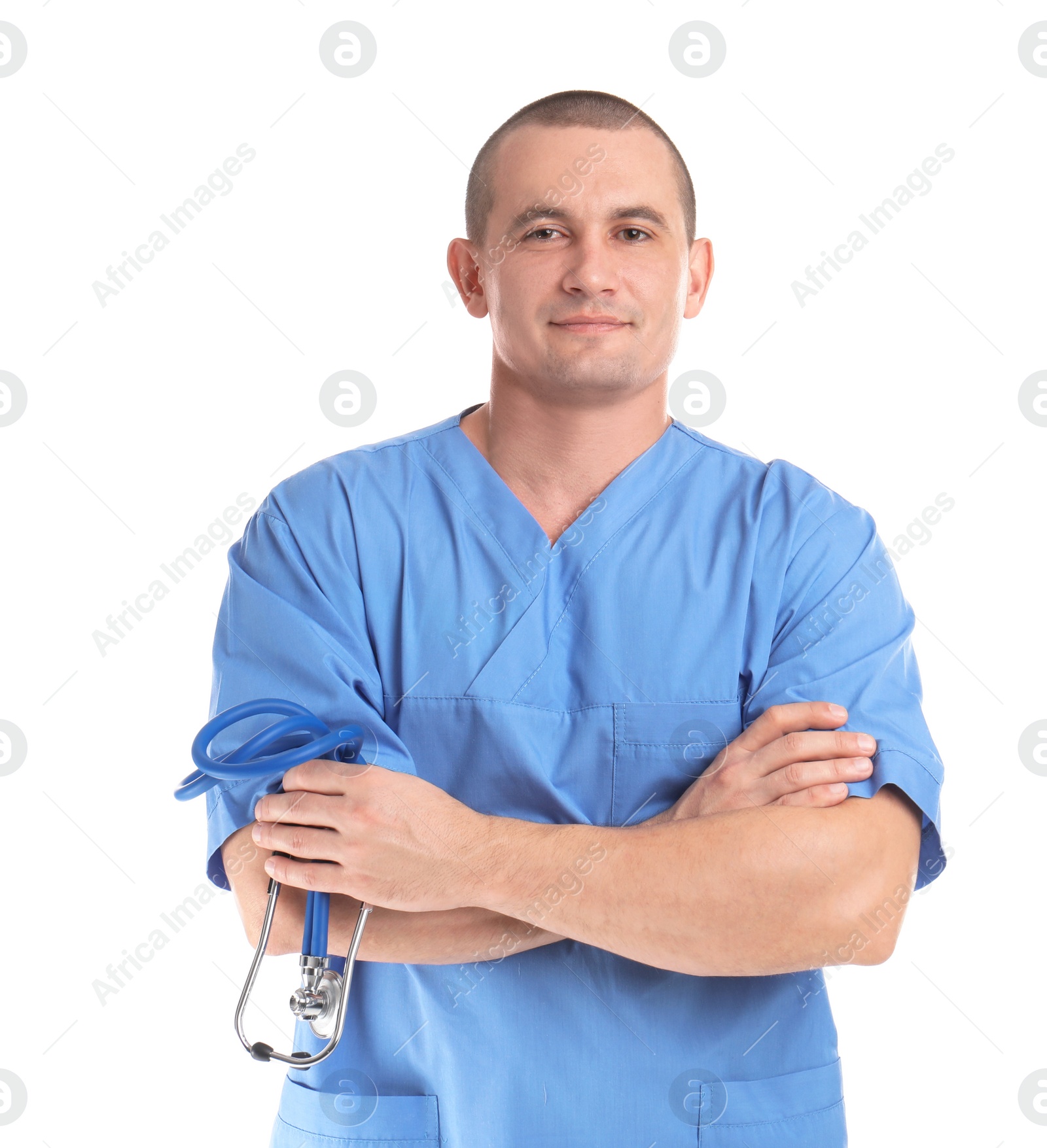 Photo of Portrait of medical assistant with stethoscope on white background