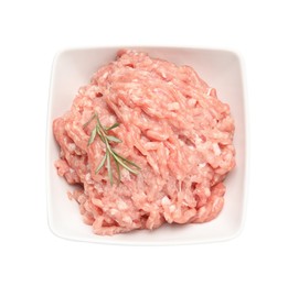 Photo of Raw chicken minced meat with rosemary in bowl on white background, top view