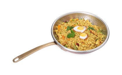 Photo of Tasty rice with meat, eggs and vegetables in frying pan isolated on white