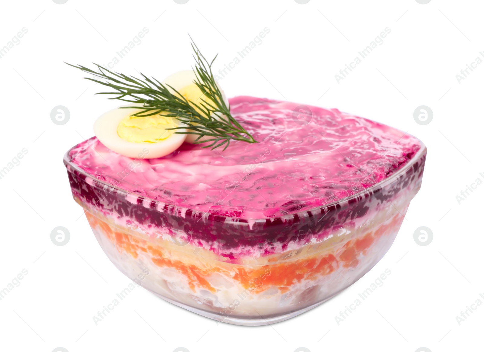 Photo of Herring under fur coat isolated on white. Traditional Russian salad