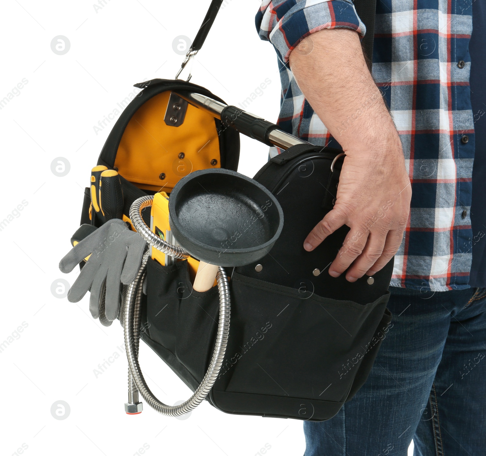 Photo of Mature plumber with tool bag on white background, closeup