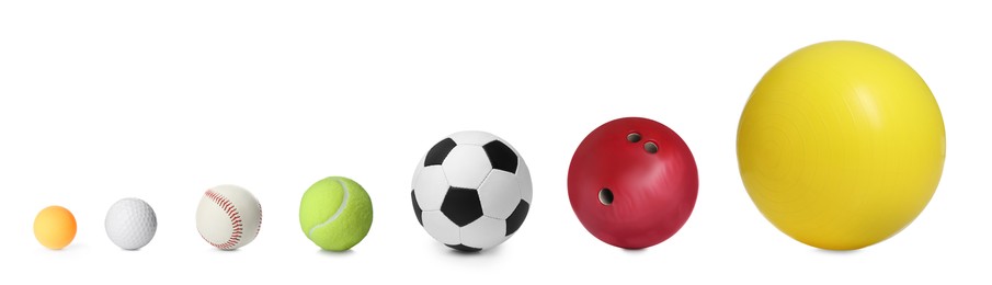 Image of Set with different balls on white background, banner design. Sports tools