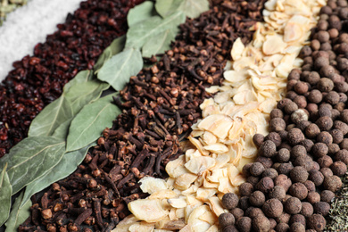 Many different spices as background, closeup view