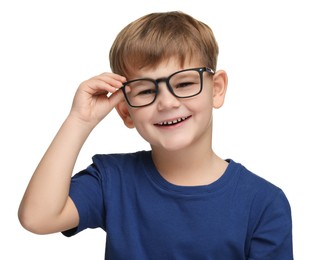 Little boy with glasses on white background