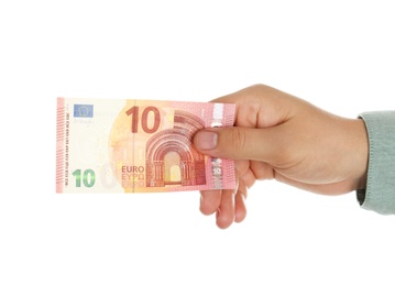 Man with Euro banknote on white background, closeup