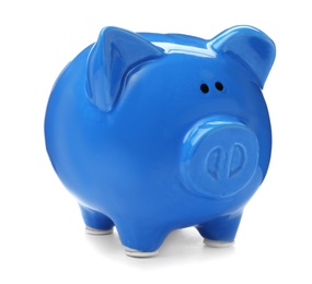 Photo of Blue piggy bank on white background. Money saving