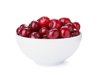 Photo of Sweet juicy cherries in bowl isolated on white