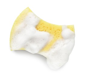 Photo of Yellow sponge with foam isolated on white, top view