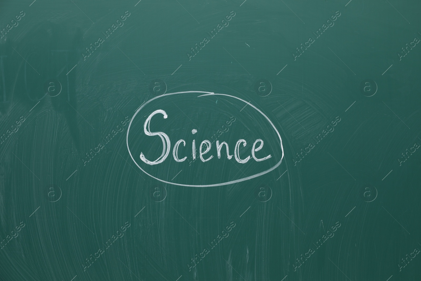 Photo of Word Science written with chalk on green board