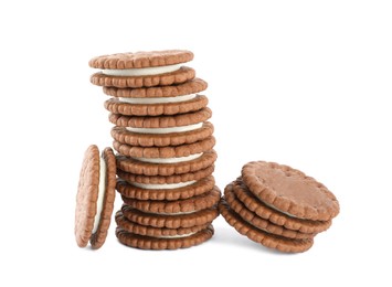 Photo of Tasty chocolate sandwich cookies with cream on white background