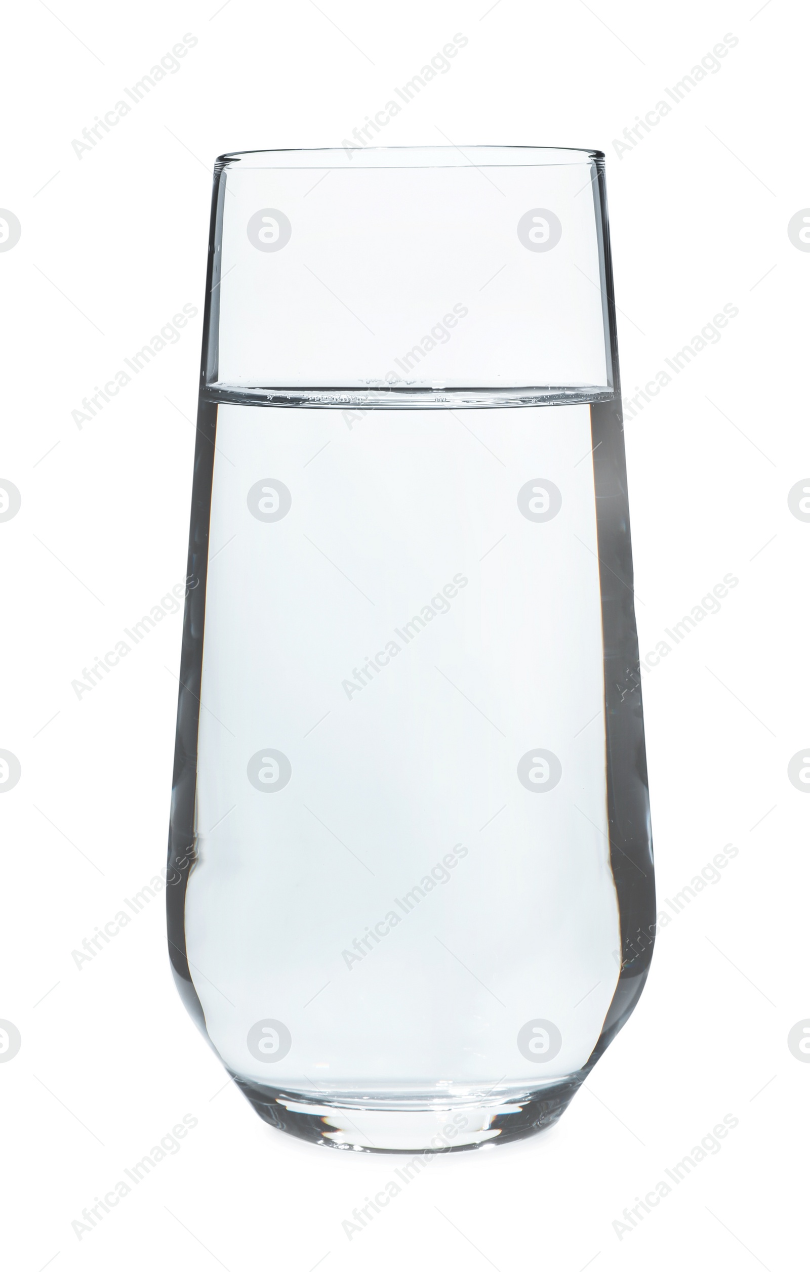 Photo of Glass of cold clear water on white background. Refreshing drink