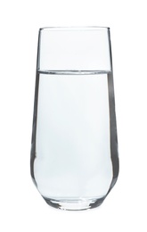Glass of cold clear water on white background. Refreshing drink