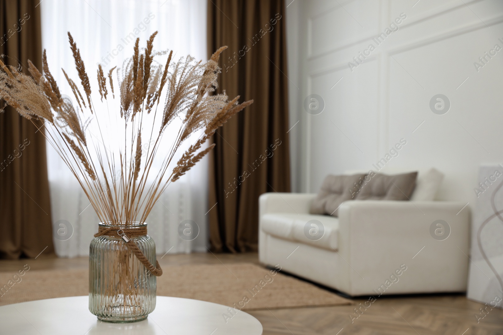 Photo of Fluffy reed plumes on white table in living room interior. Space for text