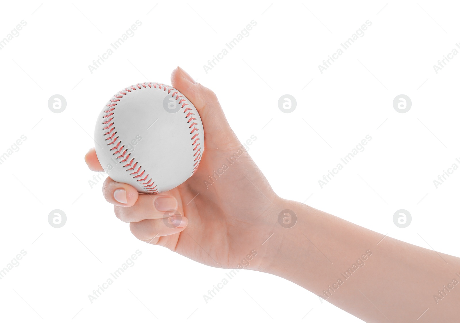 Photo of Woman with baseball ball on white background, closeup