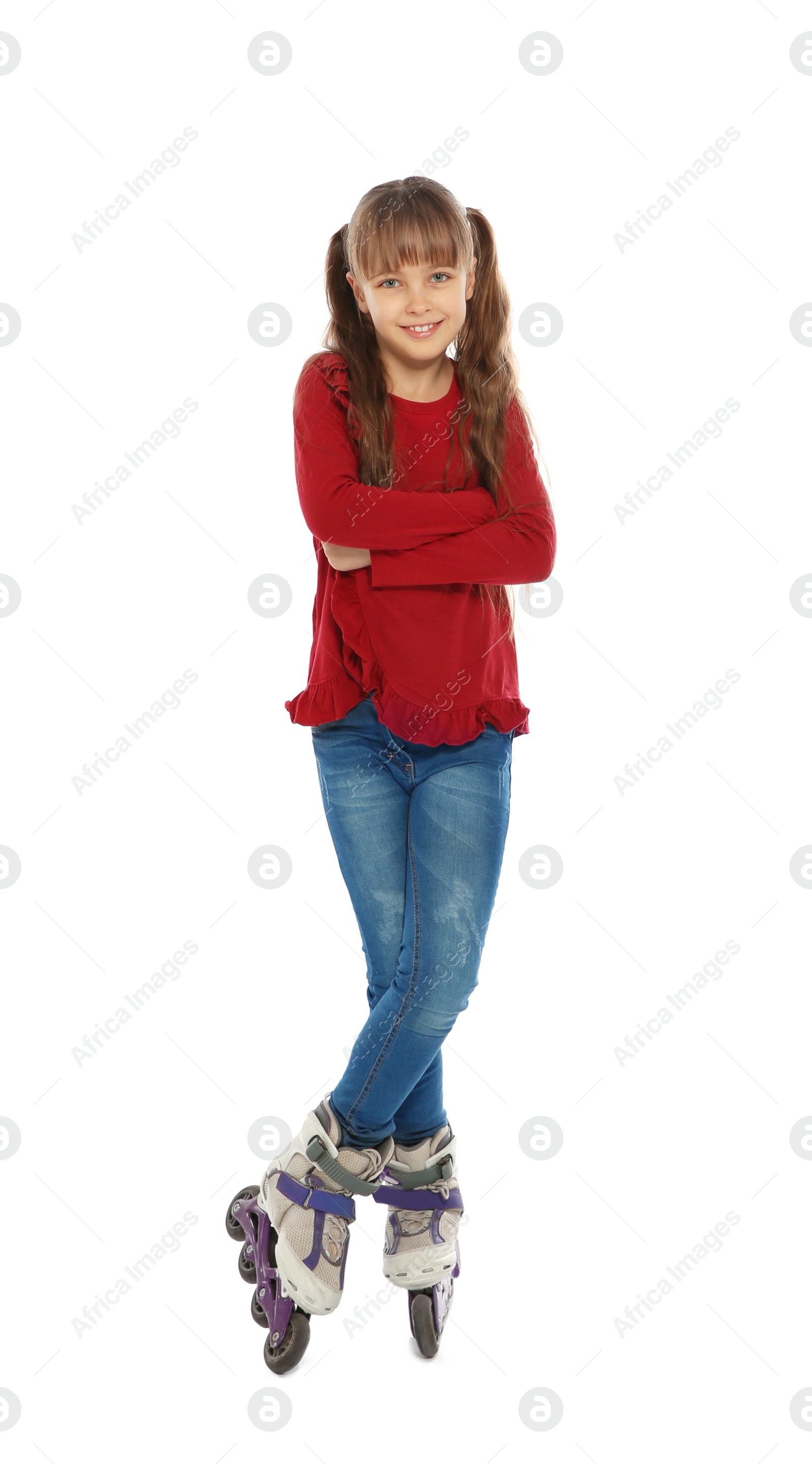 Photo of Full length portrait of girl with inline roller skates on white background