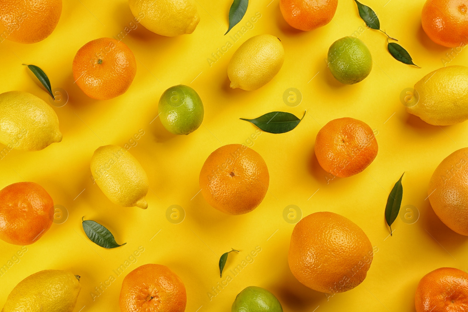 Photo of Flat lay composition with tangerines and different citrus fruits on yellow background