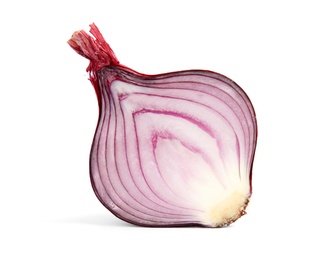 Half of red ripe onion on white background