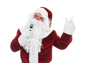 Santa Claus singing with microphone on white background. Christmas music