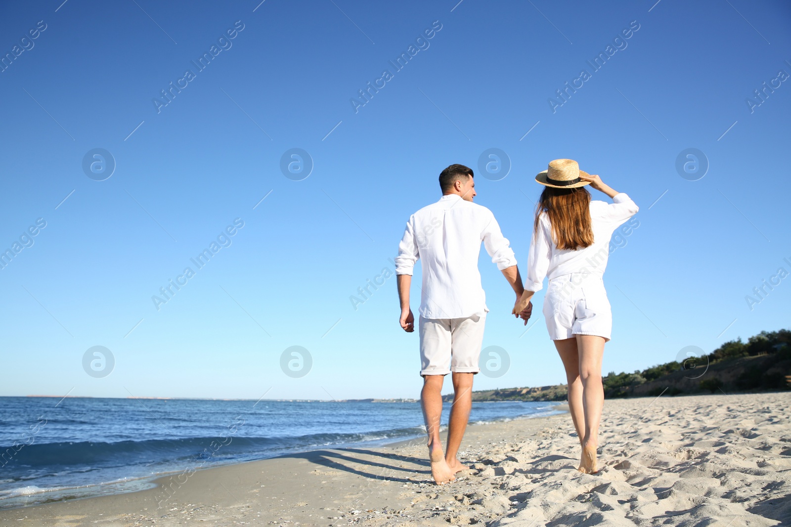 Photo of Lovely couple walking on beach, back view. Space for text