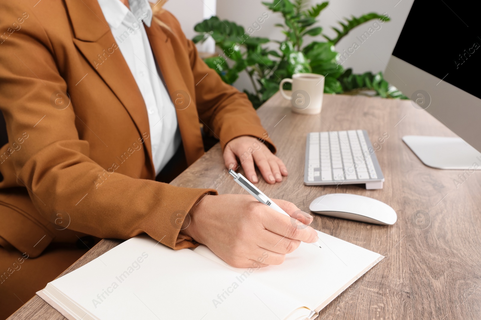 Photo of Lady boss working near computer at desk in office, closeup. Successful businesswoman