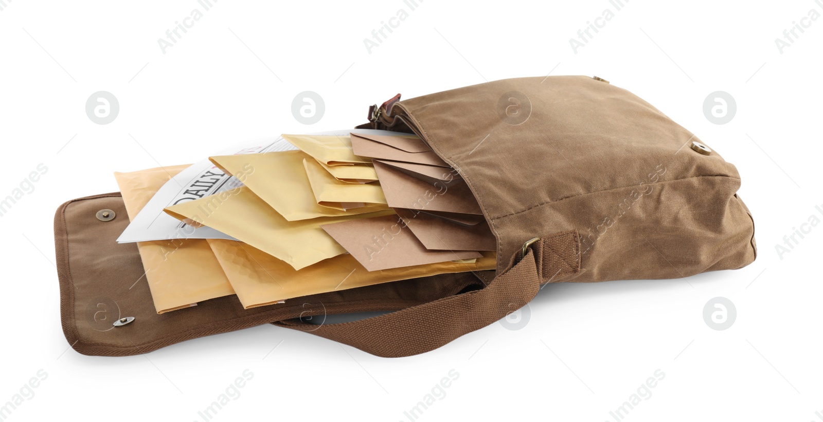 Photo of Brown postman's bag with envelopes and newspaper on white background