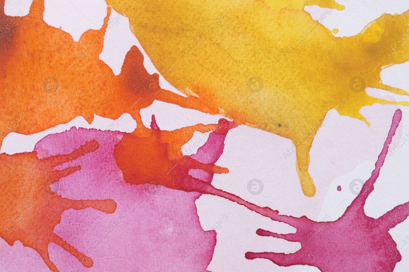 Photo of Colorful watercolor blots on white background, top view