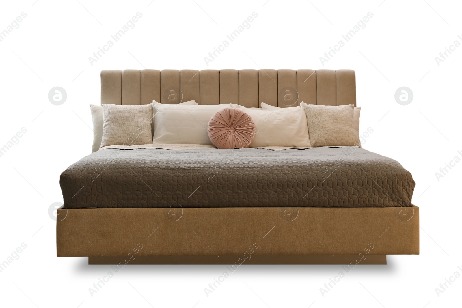 Image of Elegant cozy bed with headboard, blanket and pillows on white background