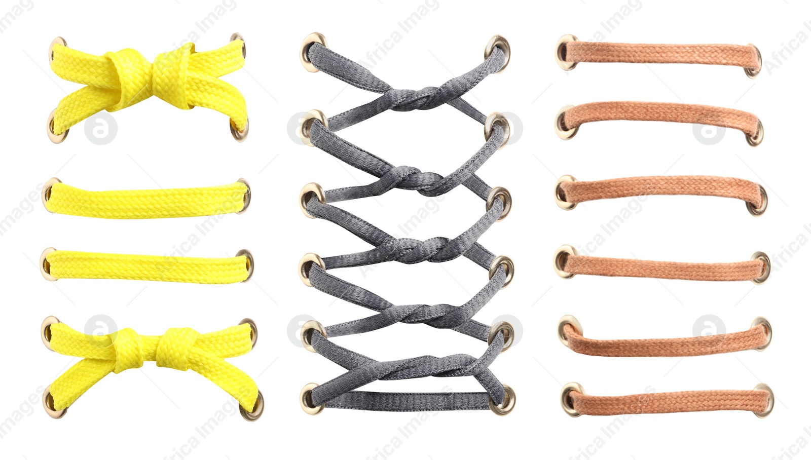 Image of Different color shoe laces on white background, collage. Banner design