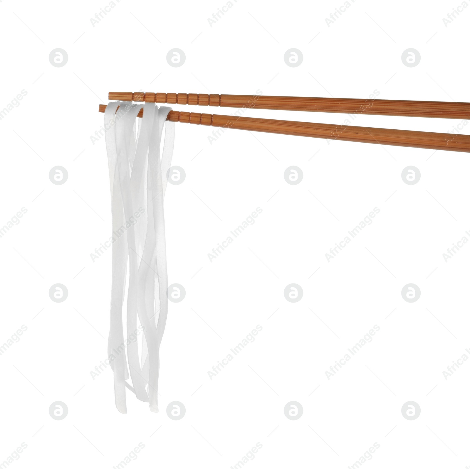 Photo of Chopsticks with tasty cooked rice noodles  isolated on white