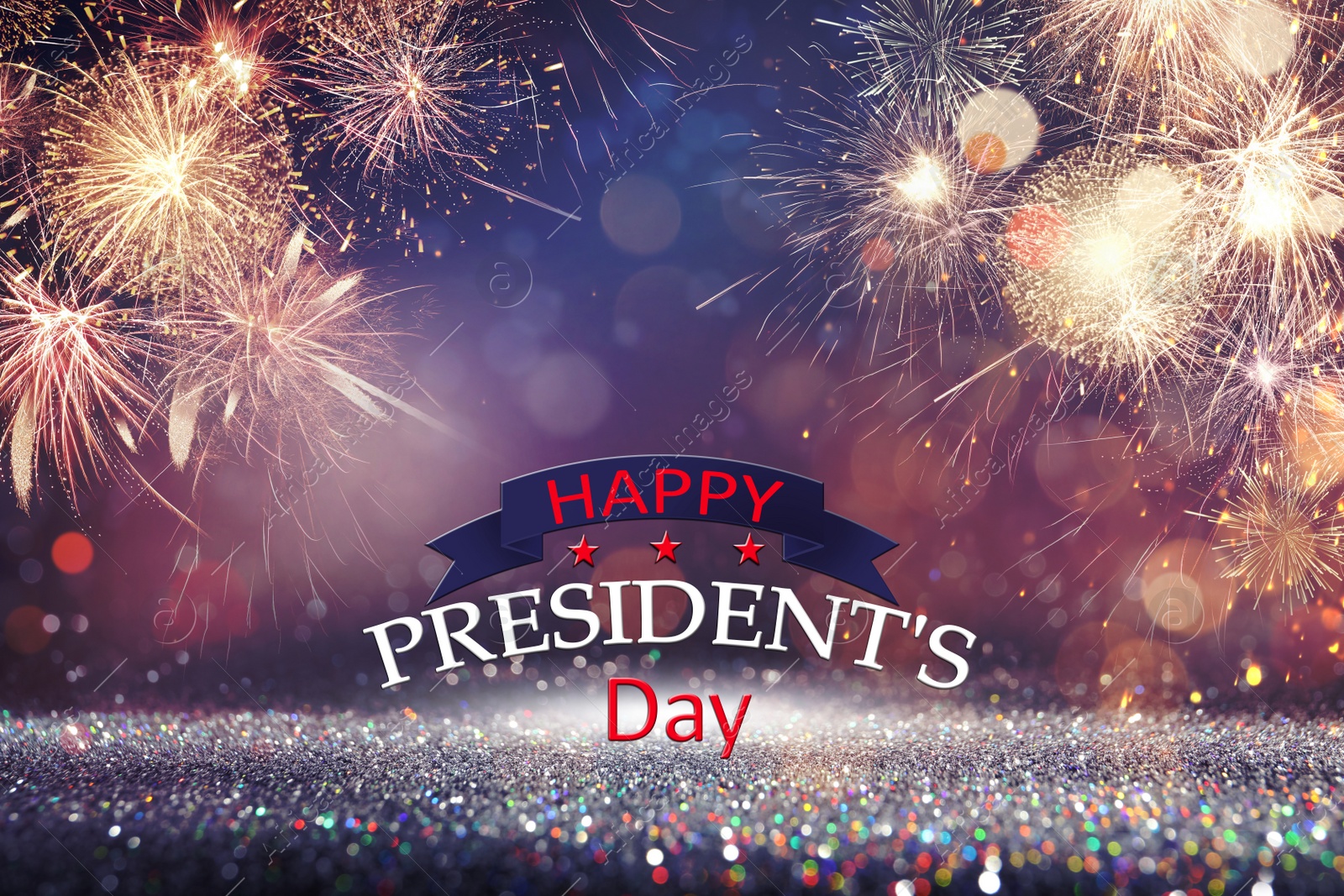 Image of Happy President's Day - federal holiday. Festive background with fireworks and glitters, bokeh effect