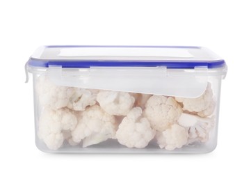 Photo of Plastic container with different fresh cut cauliflower isolated on white
