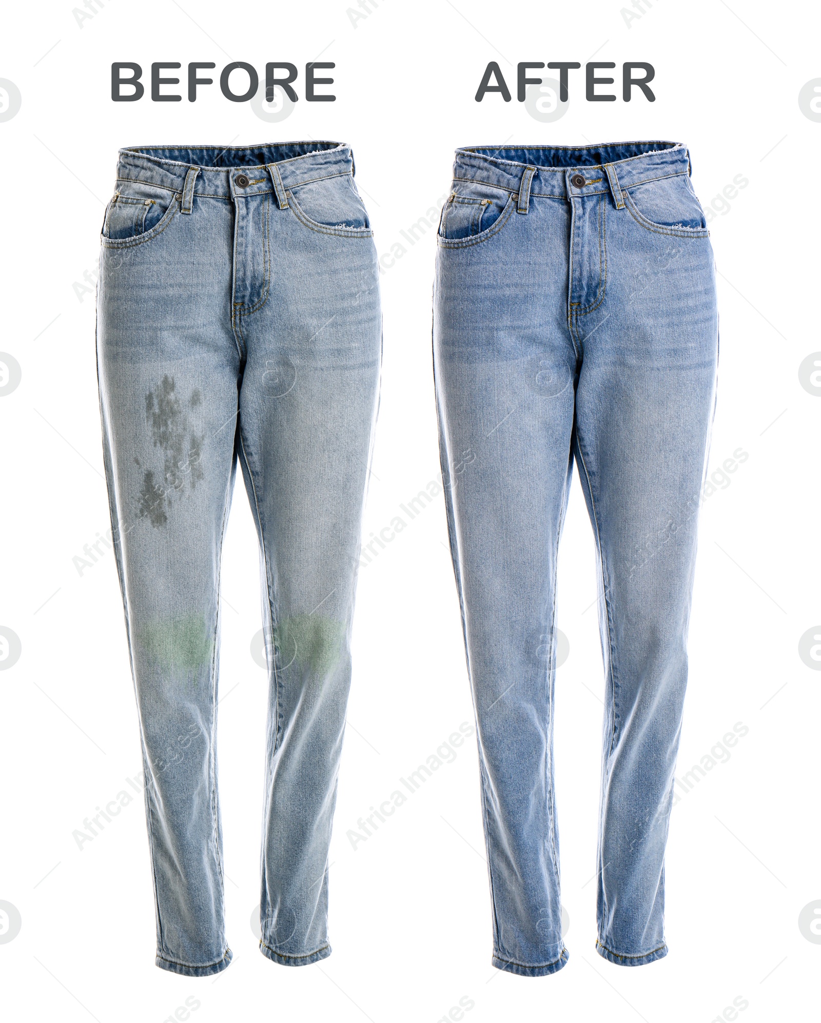 Image of Stylish jeans before and after dry-cleaning on white background