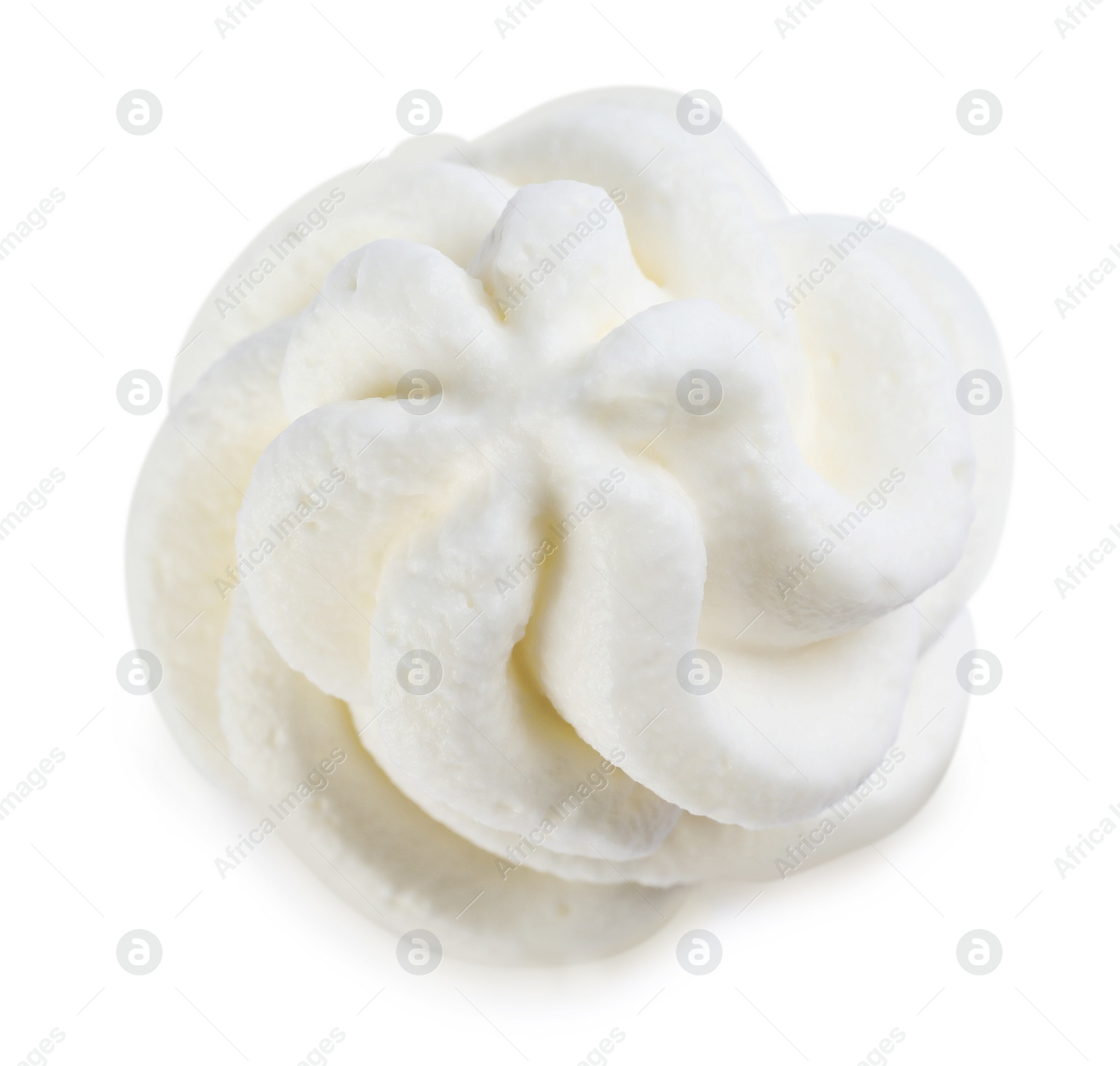 Photo of Delicious whipped cream isolated on white, top view