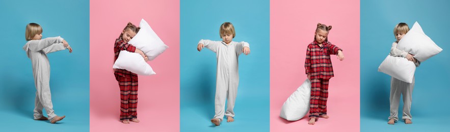 Image of Collage with photos of children sleepwalking on different color backgrounds