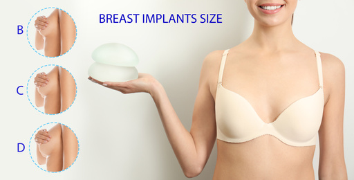 Woman demonstrating different implant sizes for breast on white background, closeup. Banner design 