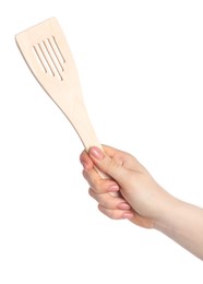 Photo of Woman with wooden spatula on white background, closeup