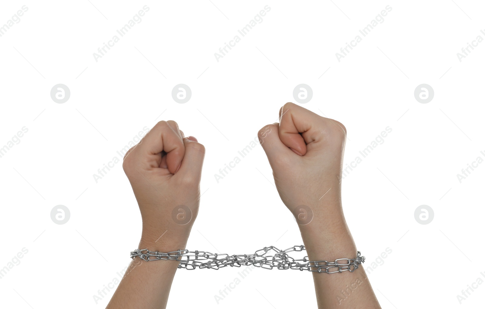 Photo of Freedom concept. Woman with tied arms on white background, closeup