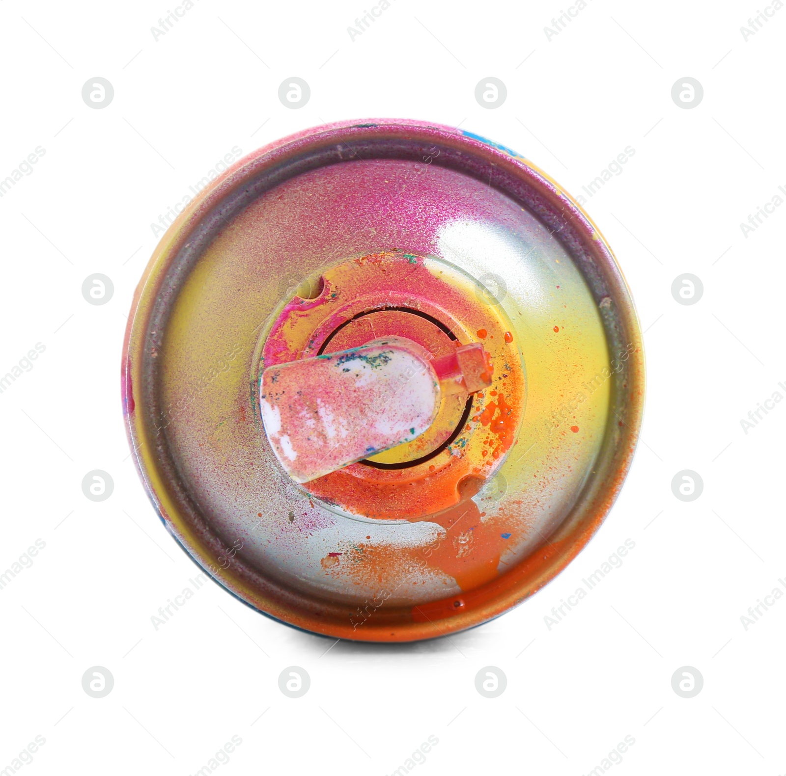 Photo of One can of bright spray paint isolated on white, top view