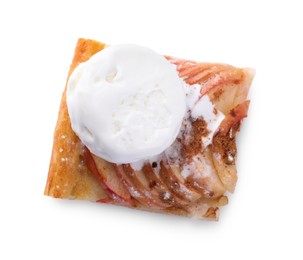 Photo of Piece of freshly baked apple pie with ice cream isolated on white, top view