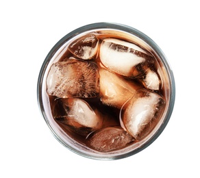Photo of Glass of refreshing cola with ice cubes on white background, top view