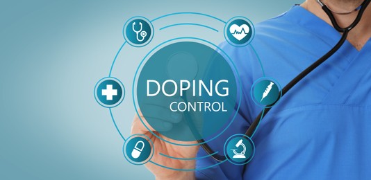 Image of Doping control. Virtual icons and doctor with stethoscope on light blue background, closeup