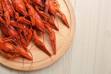 Delicious red boiled crayfish on white wooden table, top view