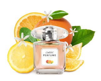 Image of Bottle of perfume with citrus scent on white background