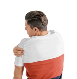 Photo of Young man suffering from pain in shoulder on white background